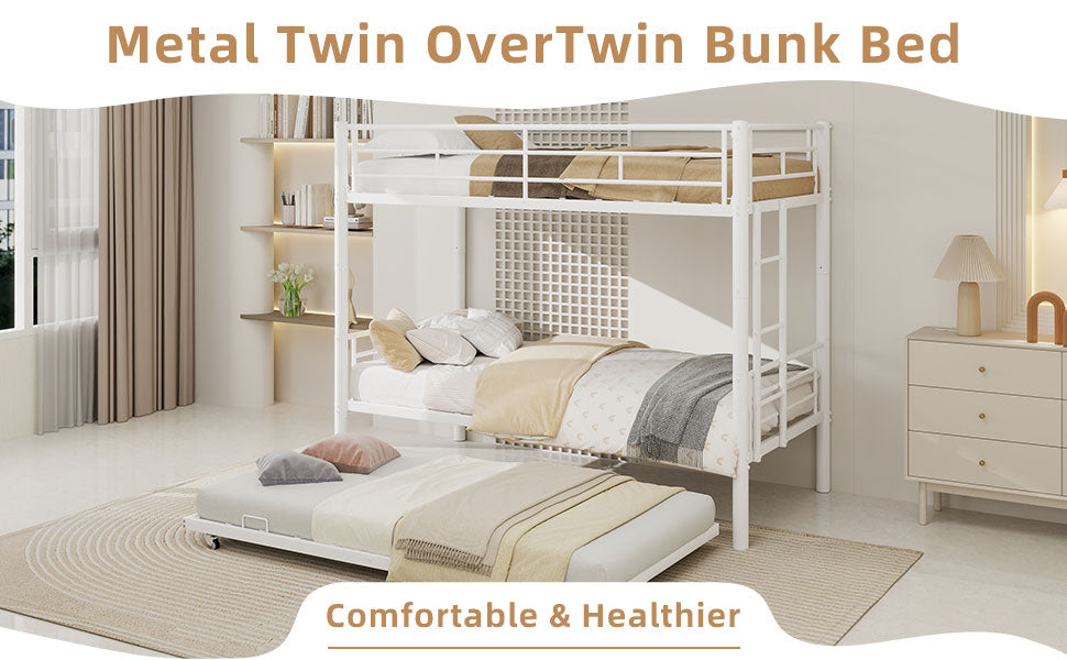 Uiowio Triple Bunk Bed Twin over Twin with Trundle,Triple Twin Bunk Bed with Ladder & Guardrail,Metal Convertible Triple Bunk Bed Frame for Teen & Adult,Bedroom,Dorm,White (Mattress not included)