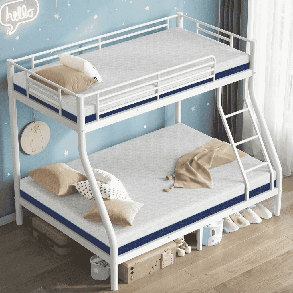 Kdymod Twin over Full Metal Bunk Bed with Stairs & Storage, Heavy Duty Bed Frame for Adults & Teens, Includes 2 6" Memory Foam Mattresses, No Box Spring Needed, White
