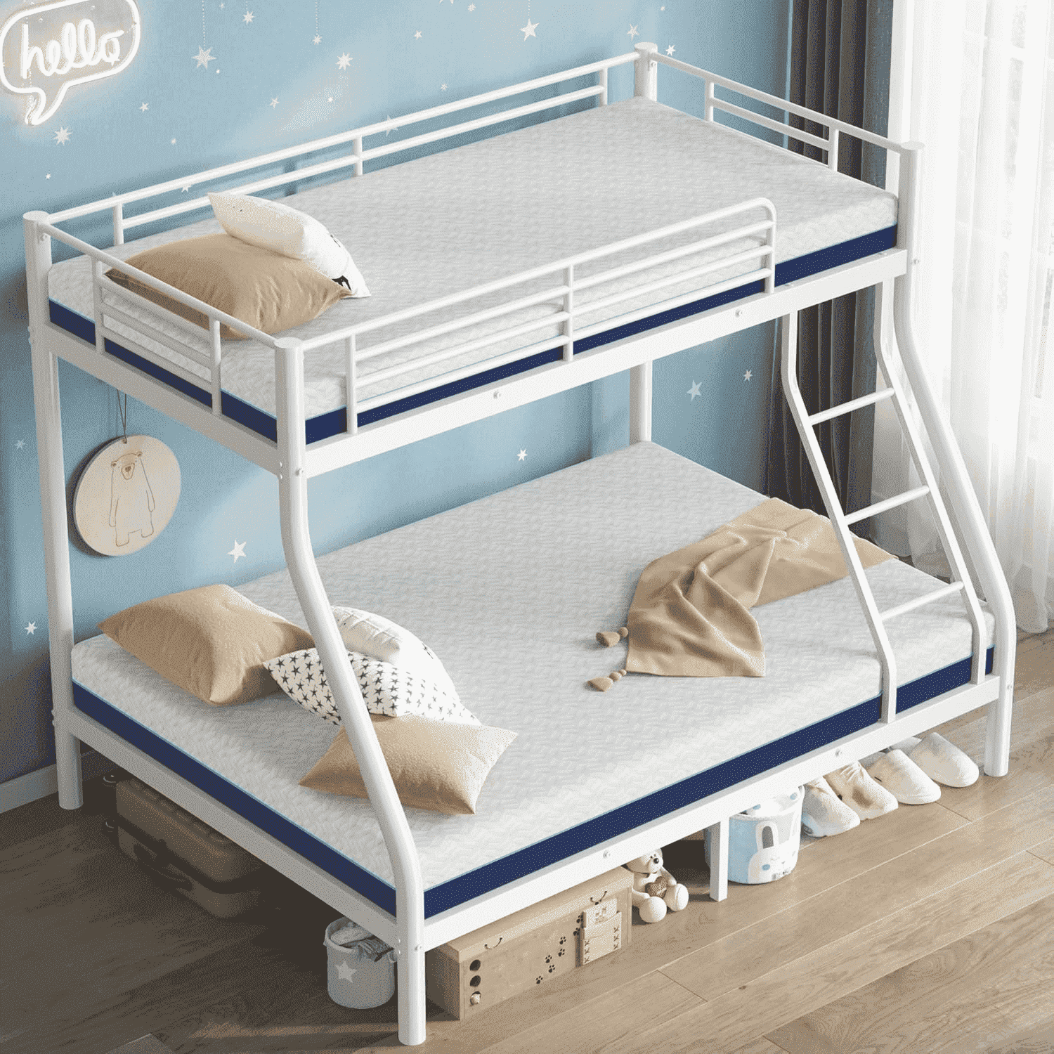 Kdymod Twin over Full Metal Bunk Bed with Stairs & Storage, Heavy Duty Bed Frame for Adults & Teens, Includes 2 6" Memory Foam Mattresses, No Box Spring Needed, White