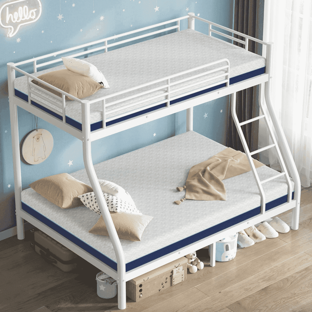 Kdymod Twin over Full Bunk Bed Set with 6" Mattresses Included,Twin Full Bunk Beds Frame with Memory Foam Mattresses,Heavy Duty Metal Bunk Bed with Guardrail & Ladder for Teen & Adults,White