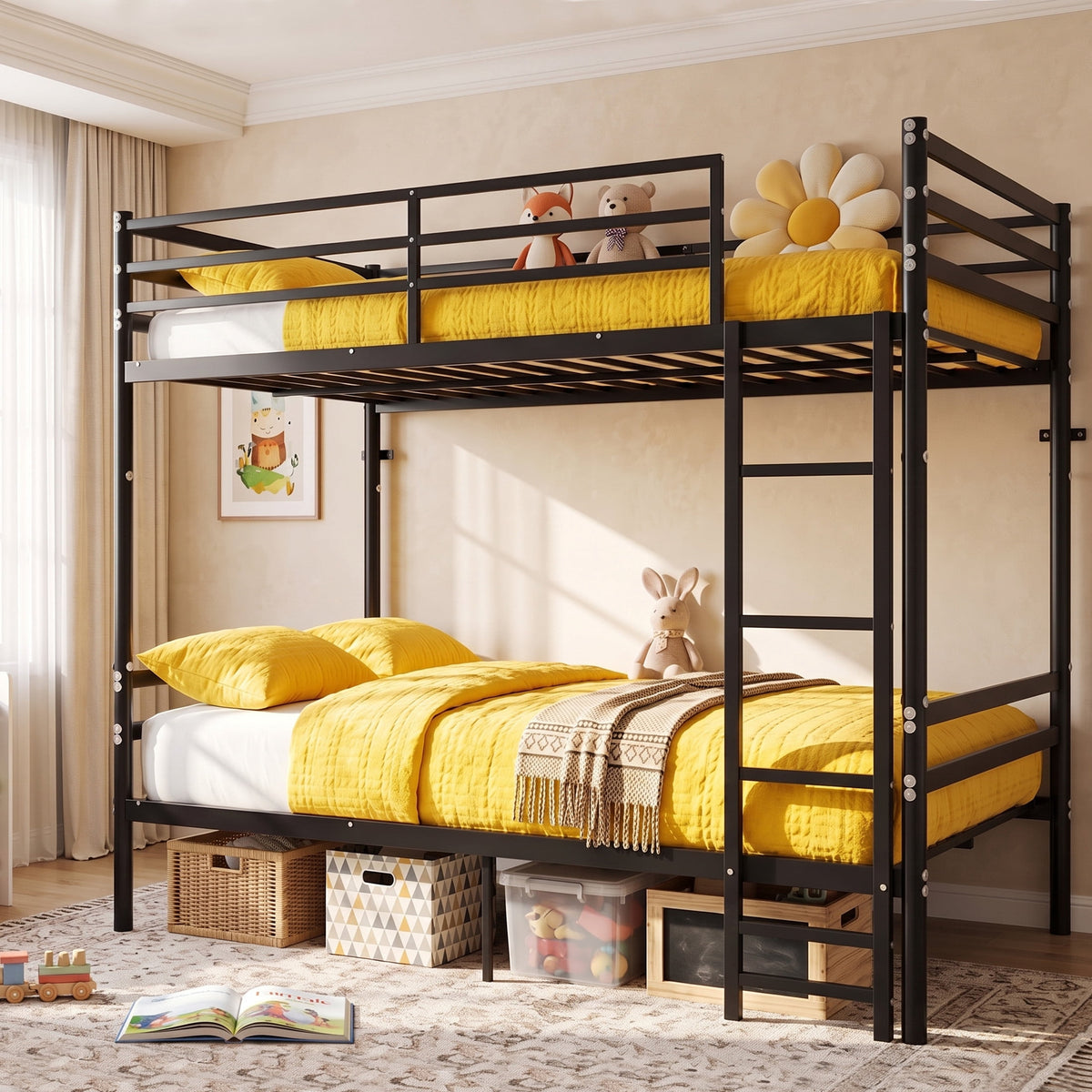 Kdymod Twin over Twin Metal Bunk Bed with Storage, Includes 2 Twin Size Memory Foam Mattresses, Converts to 2 Separate Beds, Heavy-Duty Bed Frame with Built-in Ladder & Safety Guardrail