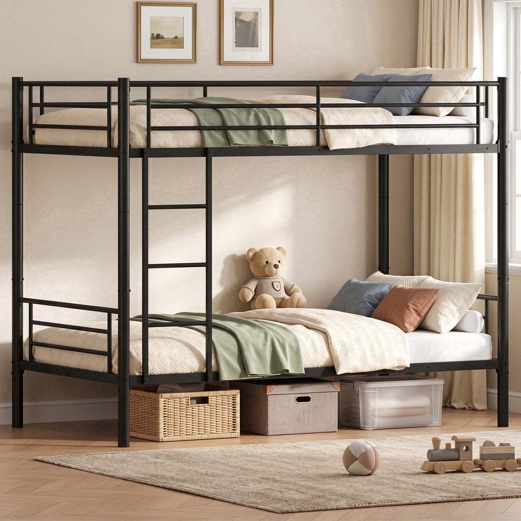 Kdymod Twin over Twin Metal Bunk Bed Converts to 2 Separate Beds, Space-Saving Bunk Bed Frame with Storage,Twin Bunk Bed with Built-in Ladder & Safety Guardrail, Black