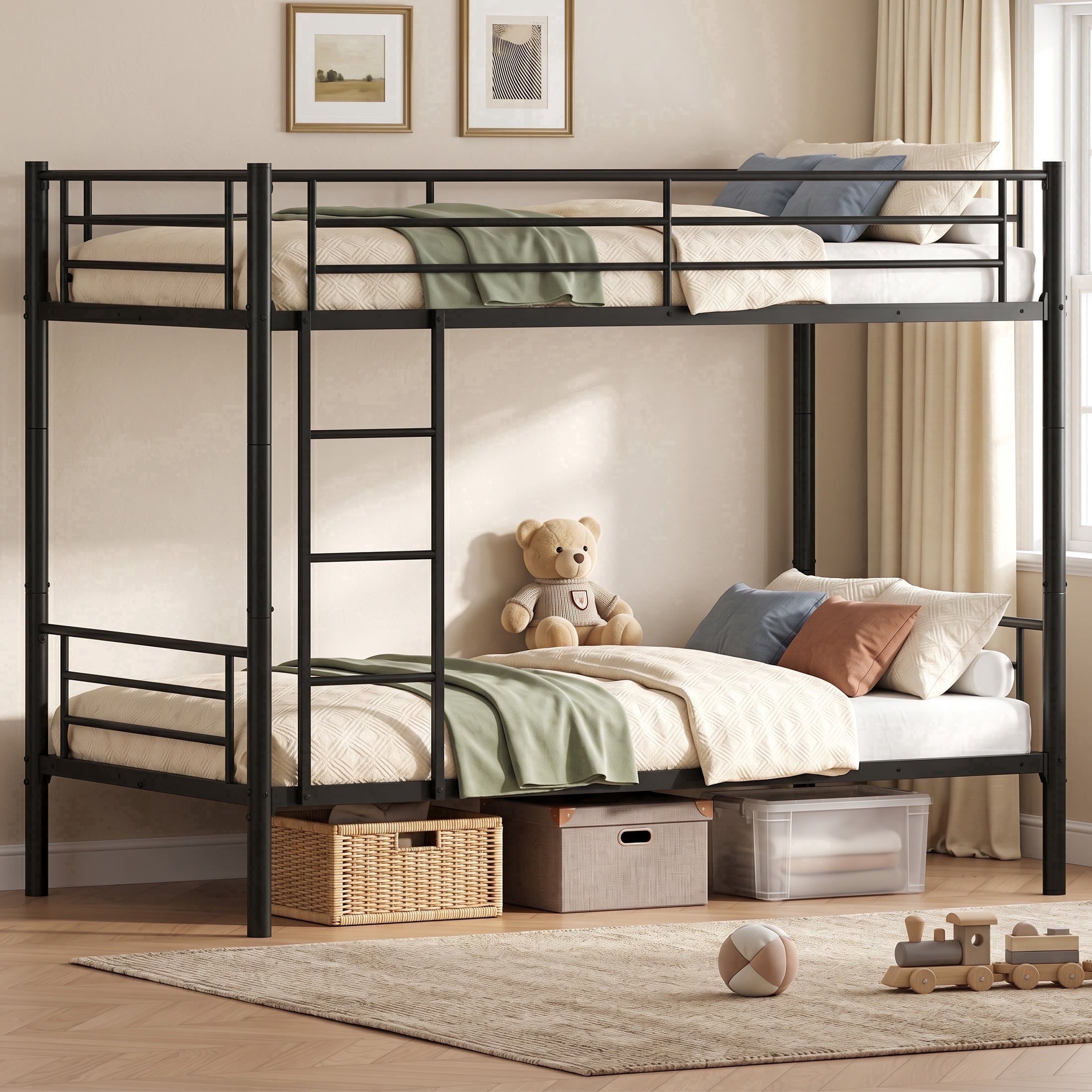 Kdymod Twin over Twin Metal Bunk Bed Converts to 2 Separate Beds, Space-Saving Bunk Bed Frame with Storage,Twin Bunk Bed with Built-in Ladder & Safety Guardrail, Black