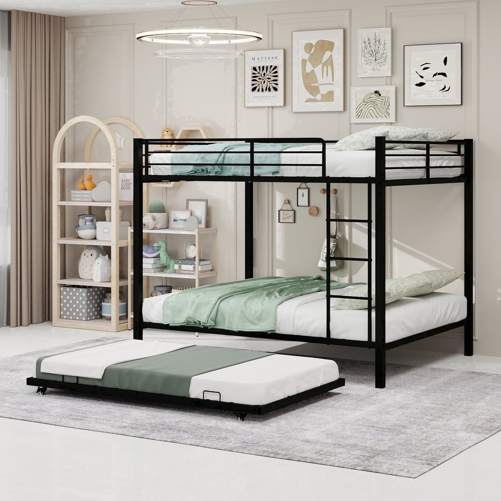 Kdymod Full over Full Bunk Bed with Twin Trundle, Triple Bunk Bed with Ladder & Safety Guardrail, Space-Saving 3-Bed Bunk Bed Frame for Teens and Adults, Includes 3 6" Memory Foam Mattresses, Black