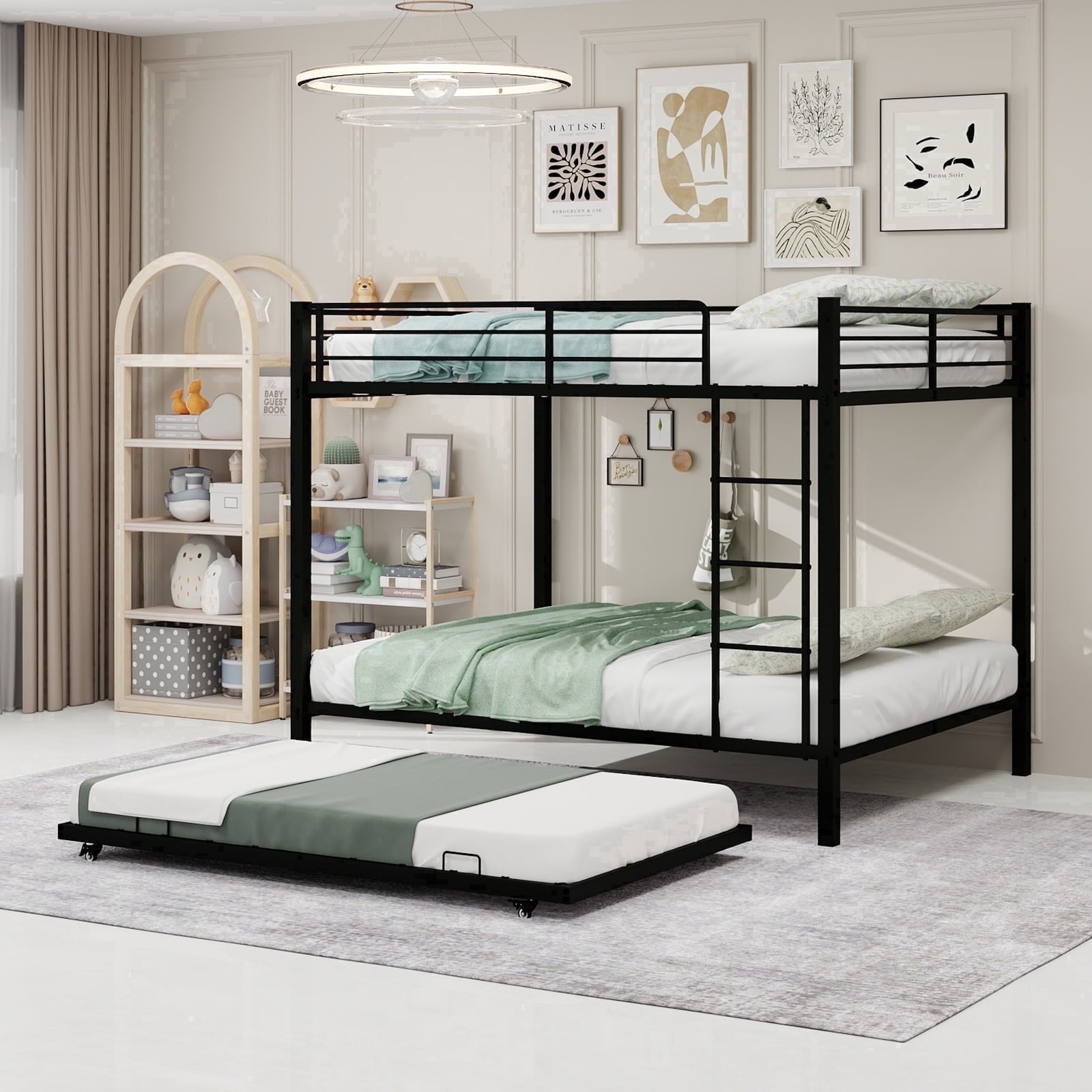 Kdymod Full over Full Bunk Bed with Twin Trundle, Triple Bunk Bed with Ladder & Safety Guardrail, Space-Saving 3-Bed Bunk Bed Frame for Teens and Adults, No Box Spring Needed, Black