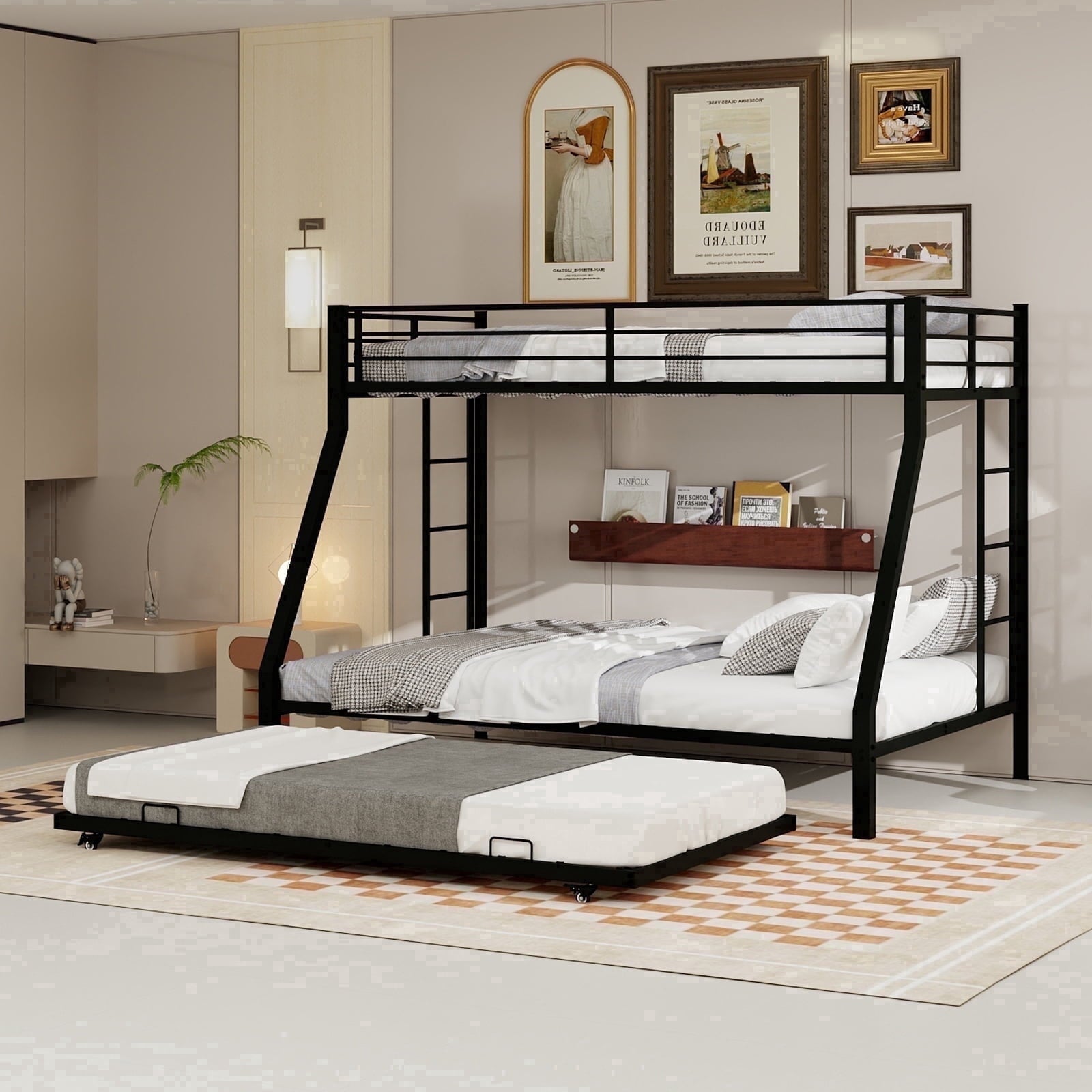 Kdymod Twin-XL over Queen Bunk Bed with Twin Trundle, Triple Bunk Bed with Ladder & Safety Guardrail, Bed Frame for Teens and Adults, Includes 3 6" Memory Foam Mattresses, Black