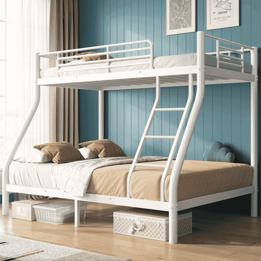 Kdymod Bunk Bed Twin over Full Bunk Beds with Ladder,Heavy Duty Metal Bunk Bed Frame with Wall Fastener Screws,Twin Full Size Bed Bunk Bed with Full-Length Guardrail for Adults,White