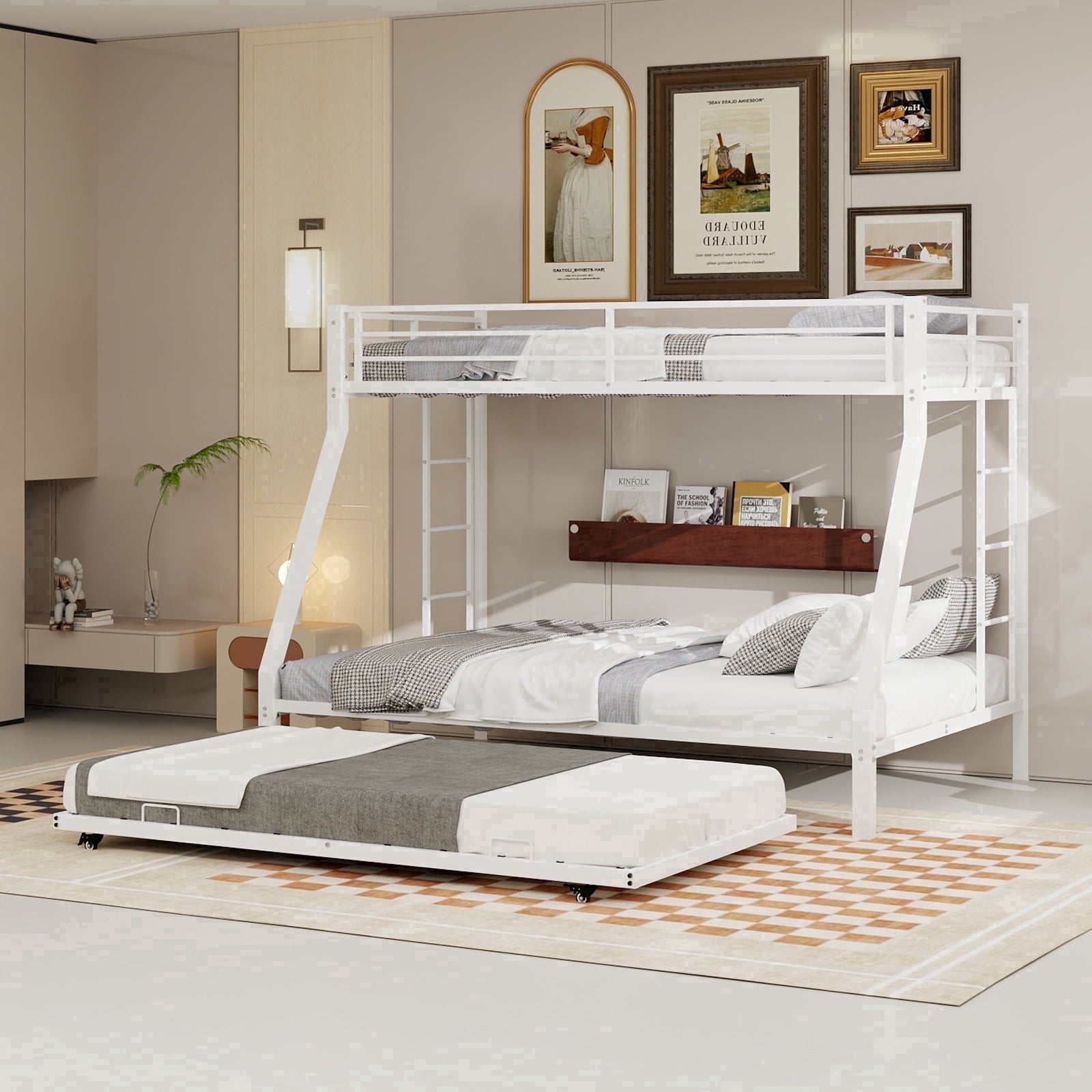 Kdymod Twin-XL over Queen Bunk Bed with Twin Trundle, Triple Bunk Bed with Ladder & Safety Guardrail, Bed Frame for Teens and Adults, Includes 3 6" Memory Foam Mattresses, White