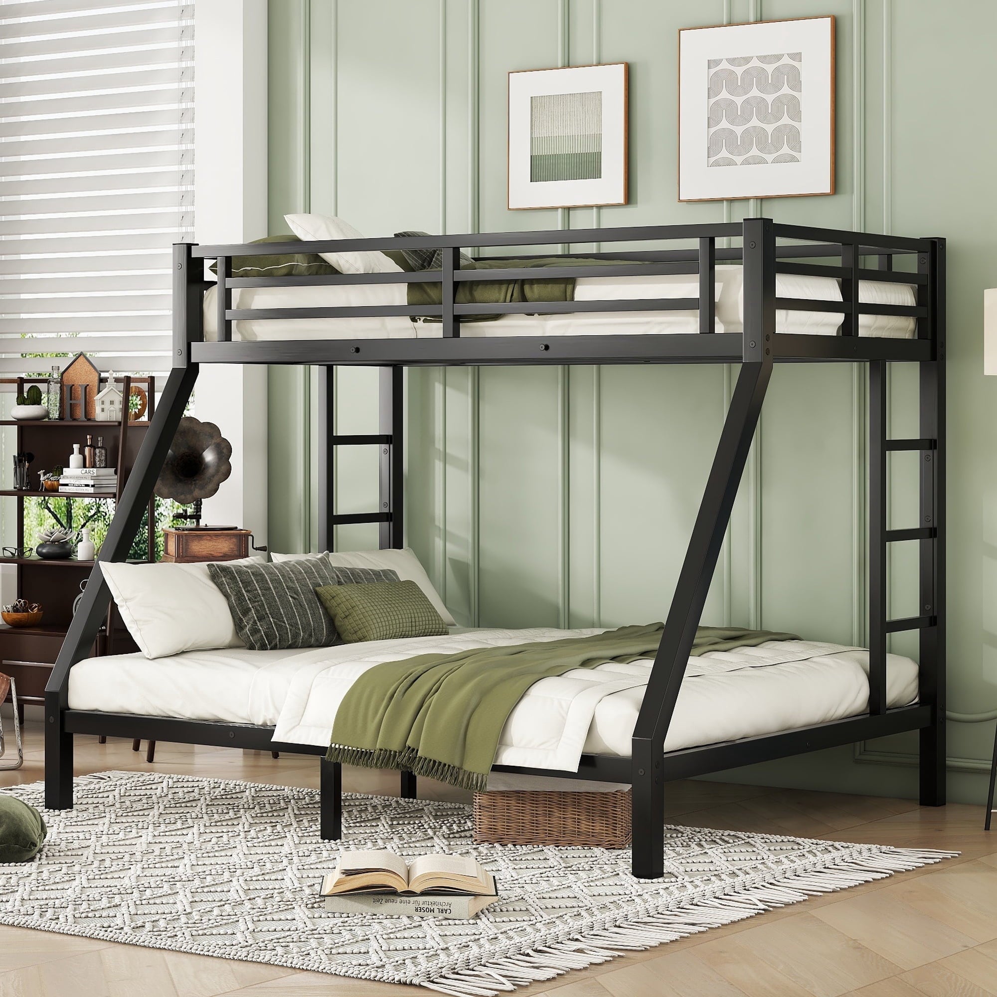 Kdymod Twin XL over Queen Metal Bunk Bed with Stairs & Storage, Space-Saving Heavy Duty Bed Frame for Adults & Teens, No Box Spring Needed, Black