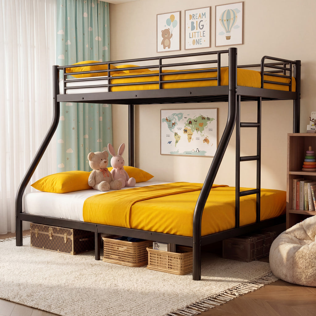 Netrum Twin XL over Queen Bunk Bed for Adults,Heavy Duty Metal Bunk Beds Frame with Wall Fastener Screws,Ladder & Full-Length Guardrail,Black
