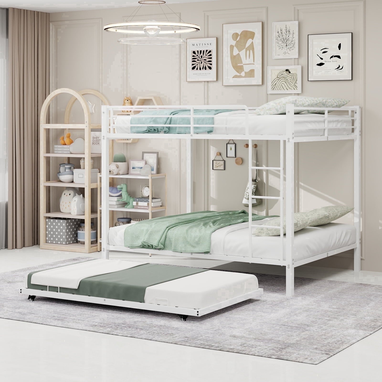 Kdymod Full over Full Bunk Bed with Twin Trundle, Triple Bunk Bed with Ladder & Safety Guardrail, Space-Saving 3-Bed Bunk Bed Frame for Teens and Adults, Includes 3 6" Memory Foam Mattresses, White
