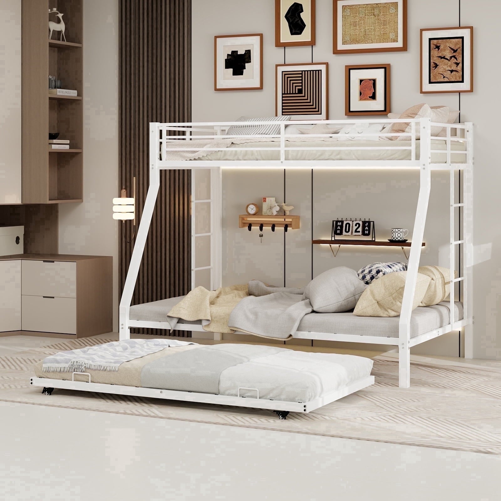 Kdymod Twin over Full Bunk Bed with Twin Trundle, Triple Bunk Bed with Ladder & Safety Guardrail, Space-Saving 3-Bed Bunk Bed Frame for Teens and Adults, Includes 3 6" Memory Foam Mattresses, White