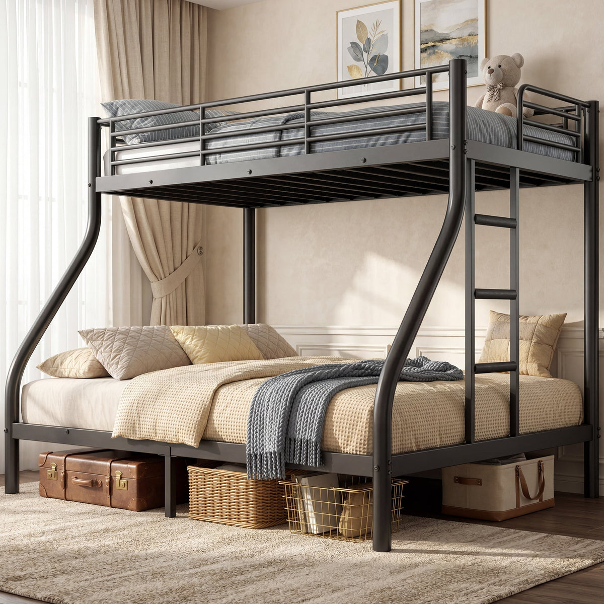 Kdymod Twin XL over Queen Metal Bunk Bed Set with Stairs & Storage, Heavy Duty Queen Bunk Bed Frame for Adults & Teens, Includes 6" Memory Foam Mattresses, No Box Spring Needed, Black