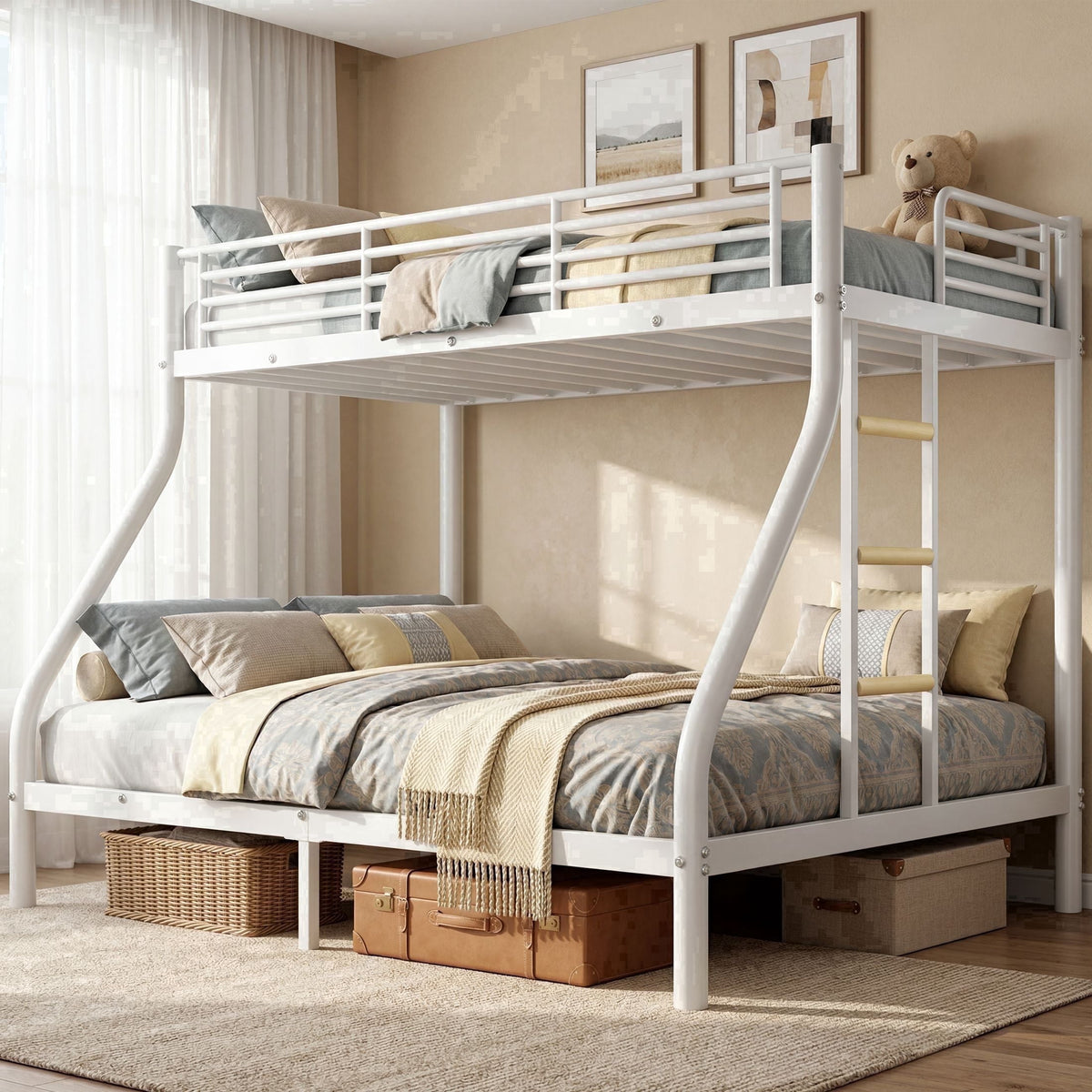 Kdymod Twin XL over Queen Metal Bunk Bed with Stairs & Storage, Heavy Duty Bed Frame for Adults & Teens, Includes 2 6" Memory Foam Mattresses, No Box Spring Needed, White