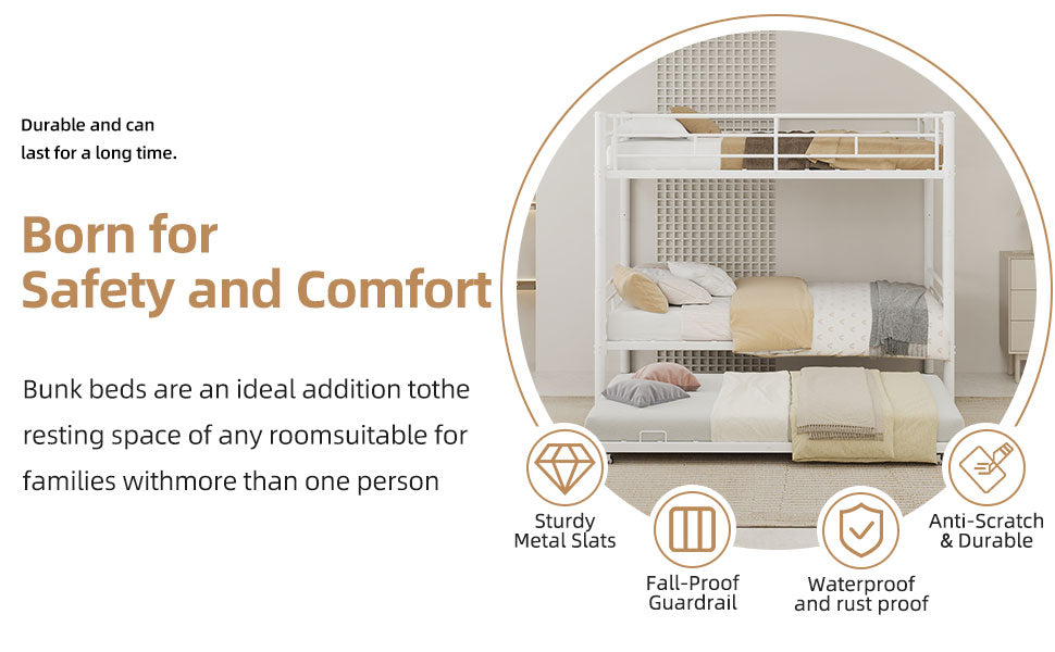 Uiowio Triple Bunk Bed Twin over Twin with Trundle,Triple Twin Bunk Bed with Ladder & Guardrail,Metal Convertible Triple Bunk Bed Frame for Teen & Adult,Bedroom,Dorm,White (Mattress not included)
