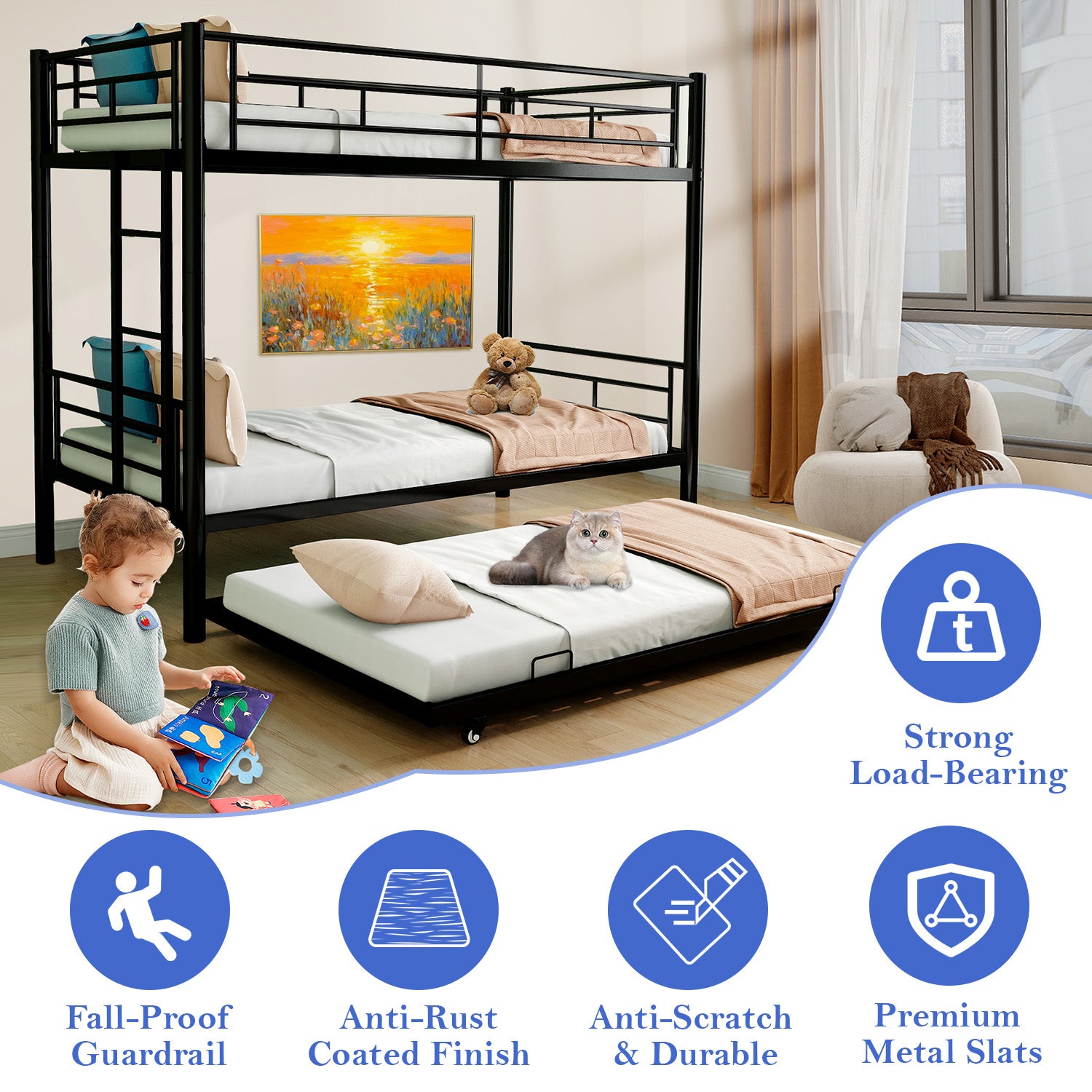 Netrum Twin over Twin Bunk Bed with Trundle ,Bunk Beds for Kids with Ladder & Guardrail, Three Bed Bunk Beds for Kids Teens, Black