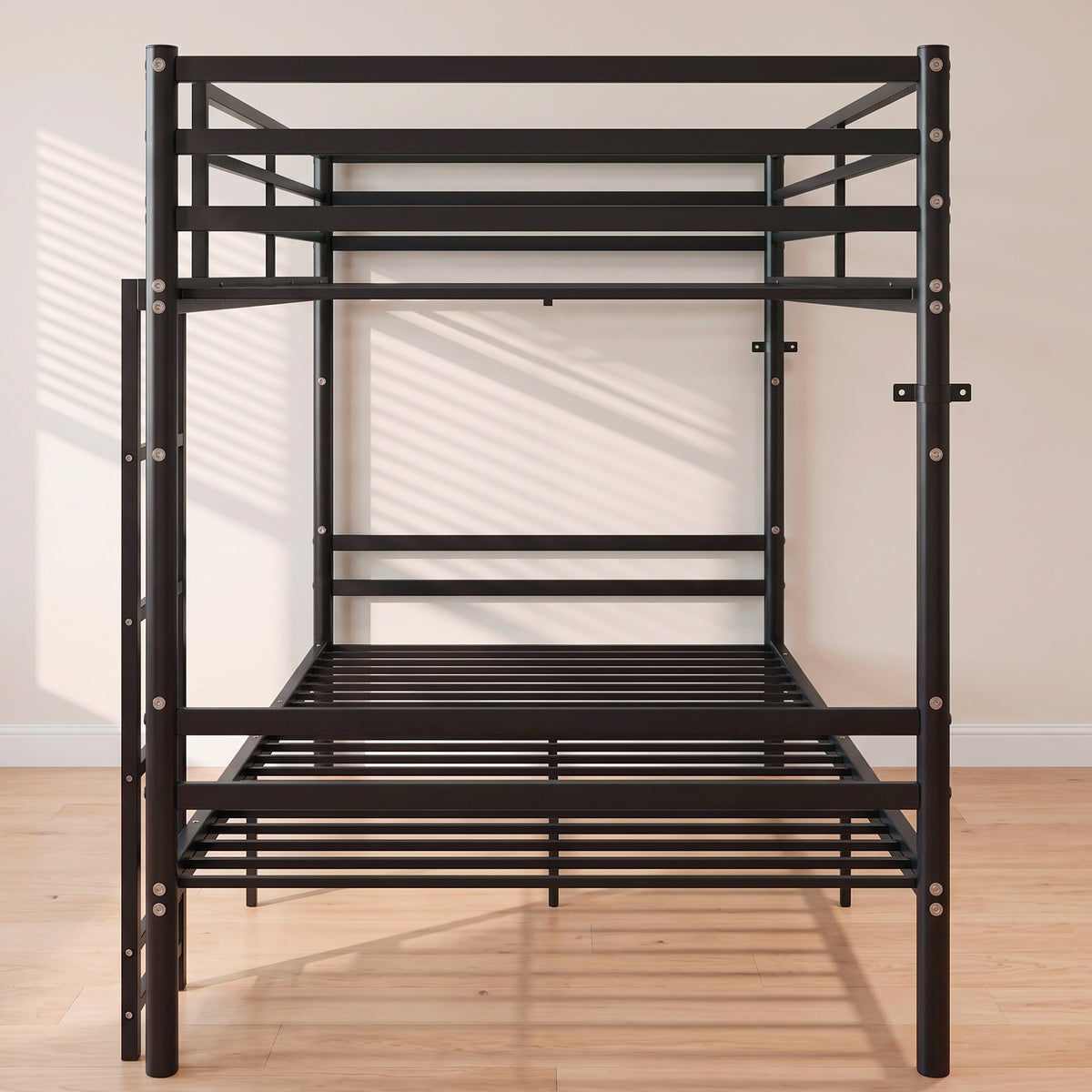 Kdymod Twin over Twin Metal Bunk Bed with Storage, Includes 2 Twin Size Memory Foam Mattresses, Converts to 2 Separate Beds, Heavy-Duty Bed Frame with Built-in Ladder & Safety Guardrail