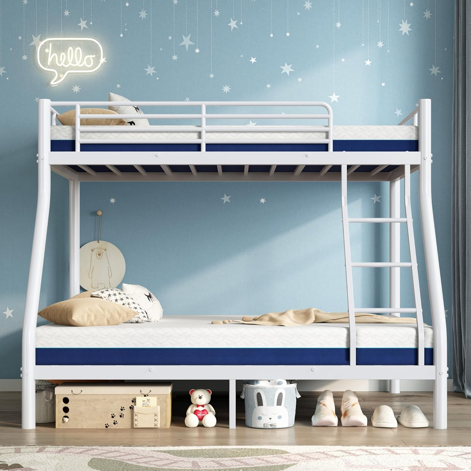 Kdymod Twin over Full Metal Bunk Bed with Stairs & Storage, Heavy Duty Bed Frame for Adults & Teens, Includes 2 6" Memory Foam Mattresses, No Box Spring Needed, White