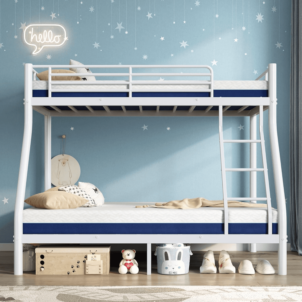 Kdymod Twin over Full Bunk Bed Set with 6" Mattresses Included,Twin Full Bunk Beds Frame with Memory Foam Mattresses,Heavy Duty Metal Bunk Bed with Guardrail & Ladder for Teen & Adults,White