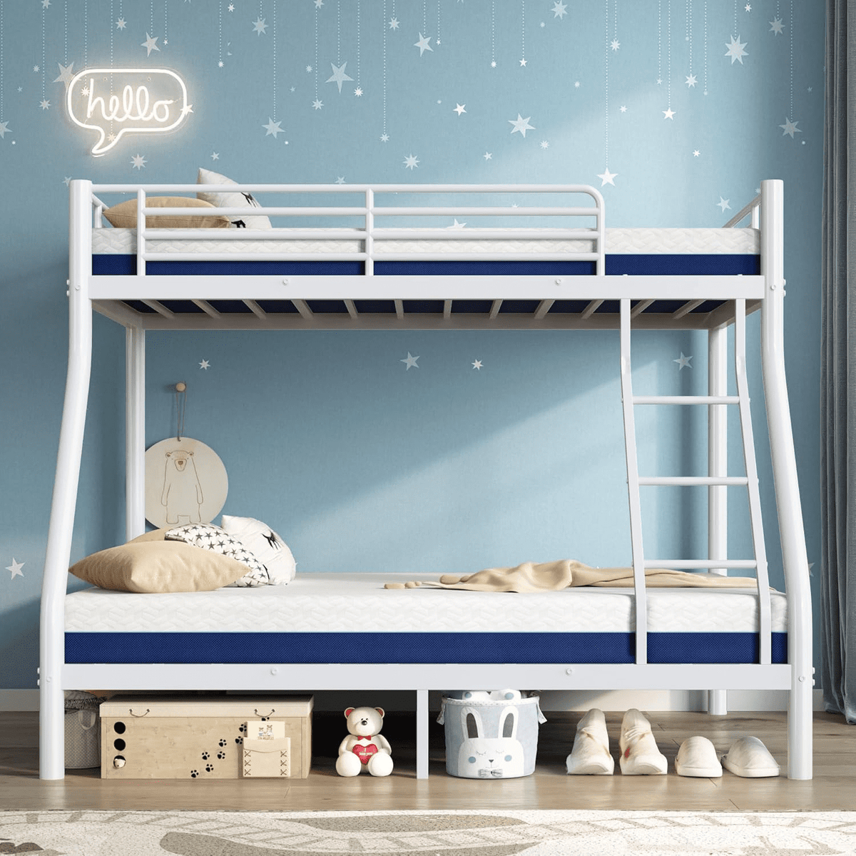 Kdymod Twin over Full Bunk Bed Set with 6" Mattresses Included,Twin Full Bunk Beds Frame with Memory Foam Mattresses,Heavy Duty Metal Bunk Bed with Guardrail & Ladder for Teen & Adults,White