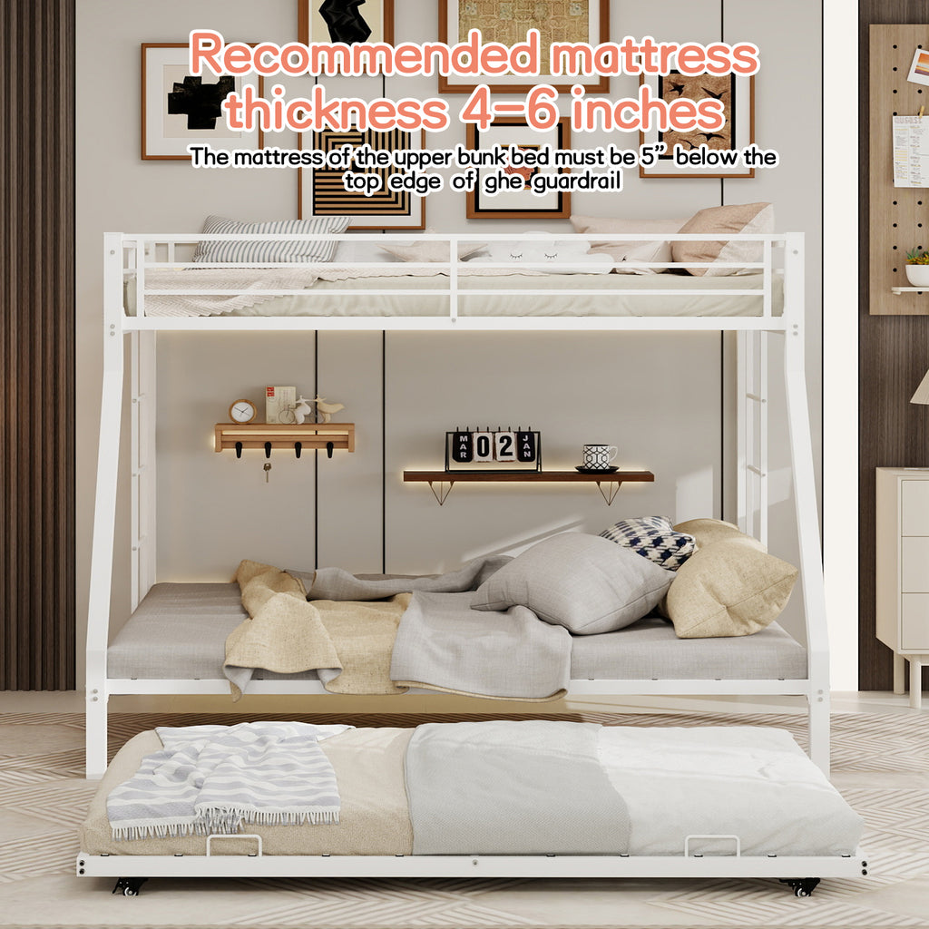 Kdymod Twin over Full Bunk Bed with Twin Trundle, Triple Bunk Bed with Ladder & Safety Guardrail, Space-Saving 3-Bed Bunk Bed Frame for Teens and Adults, No Box Spring Needed, White