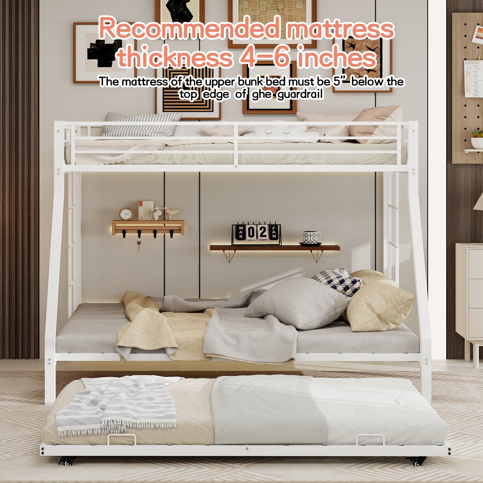 Kdymod Twin over Full Bunk Bed with Twin Trundle, Triple Bunk Bed with Ladder & Safety Guardrail, Space-Saving 3-Bed Bunk Bed Frame for Teens and Adults, No Box Spring Needed, White