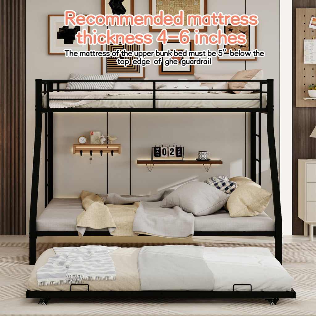 Kdymod Twin over Full Bunk Bed with Twin Trundle, Triple Bunk Bed with Ladder & Safety Guardrail, Space-Saving 3-Bed Bunk Bed Frame for Teens and Adults, Includes 3 6" Memory Foam Mattresses, Black