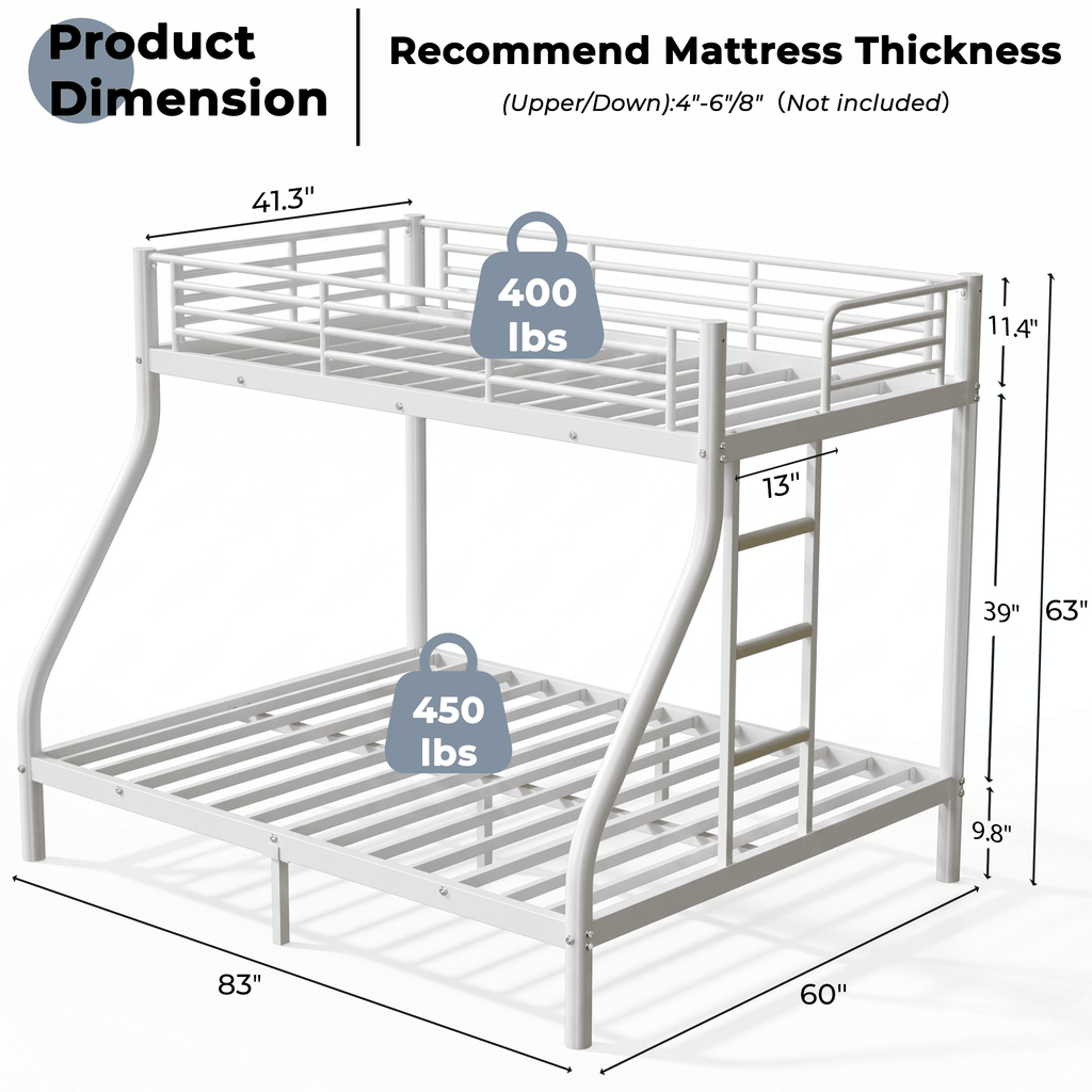 Kdymod Twin XL over Queen Metal Bunk Bed with Stairs & Storage, Heavy Duty Bed Frame for Adults & Teens, Includes 2 6" Memory Foam Mattresses, No Box Spring Needed, White