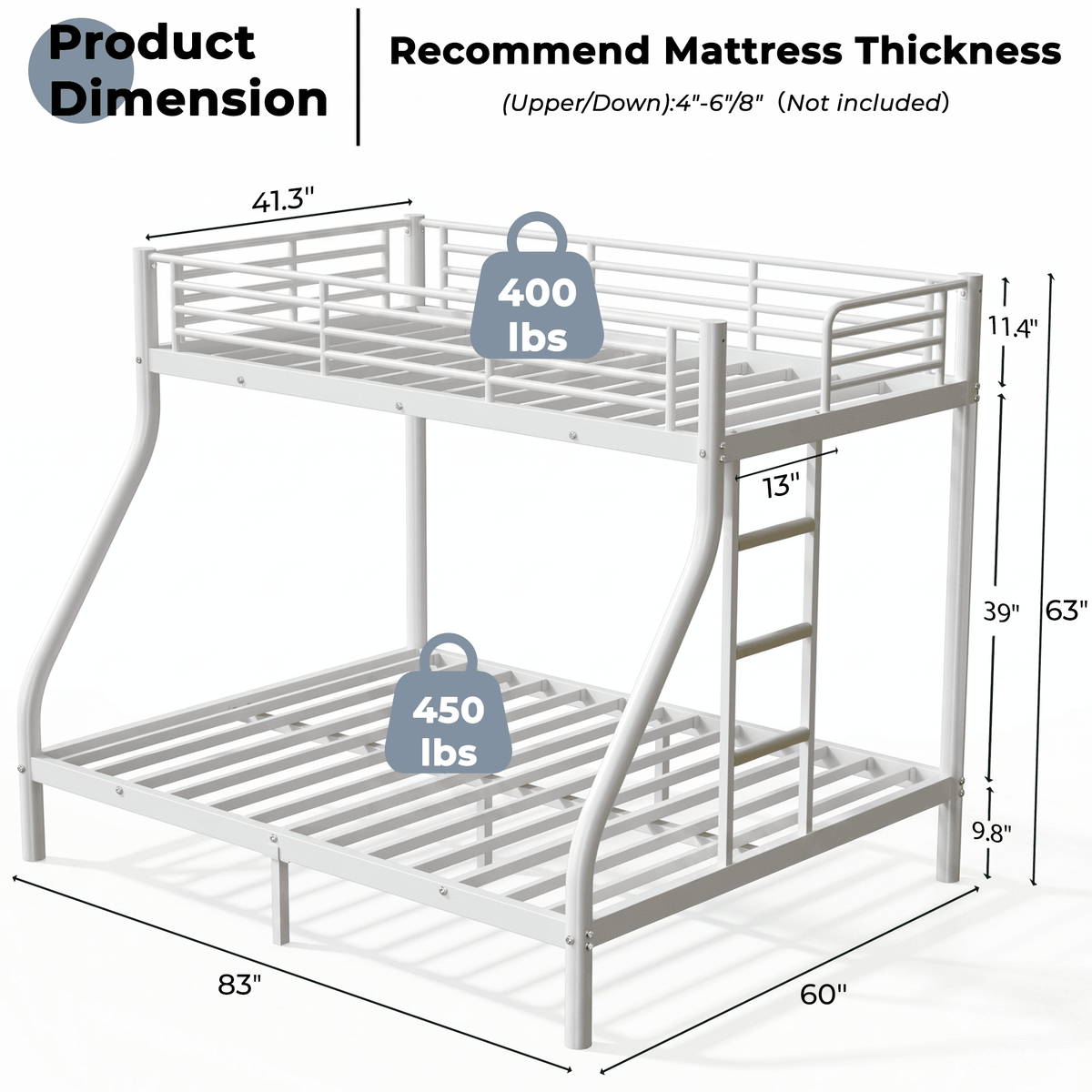 Kdymod Twin XL over Queen Metal Bunk Bed with Stairs & Storage, Heavy Duty Bed Frame for Adults & Teens, Includes 2 6" Memory Foam Mattresses, No Box Spring Needed, White