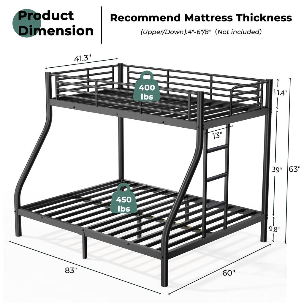 Netrum Twin XL over Queen Bunk Bed for Adults,Heavy Duty Metal Bunk Beds Frame with Wall Fastener Screws,Ladder & Full-Length Guardrail,Black