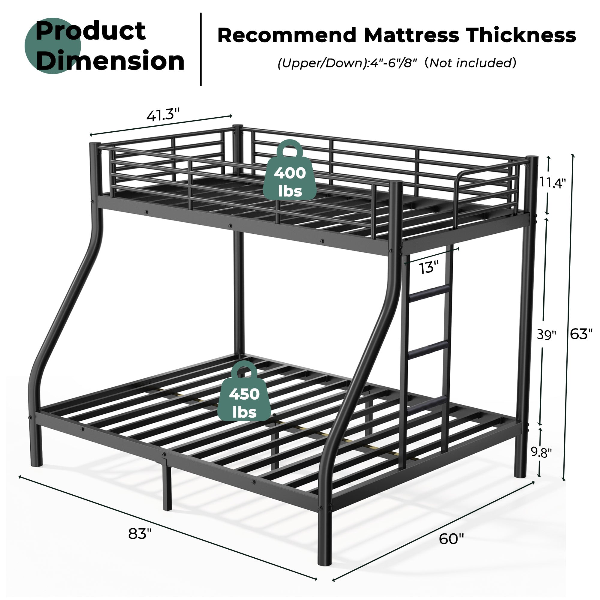 Netrum Twin XL over Queen Bunk Bed for Adults,Heavy Duty Metal Bunk Beds Frame with Wall Fastener Screws,Ladder & Full-Length Guardrail,Black