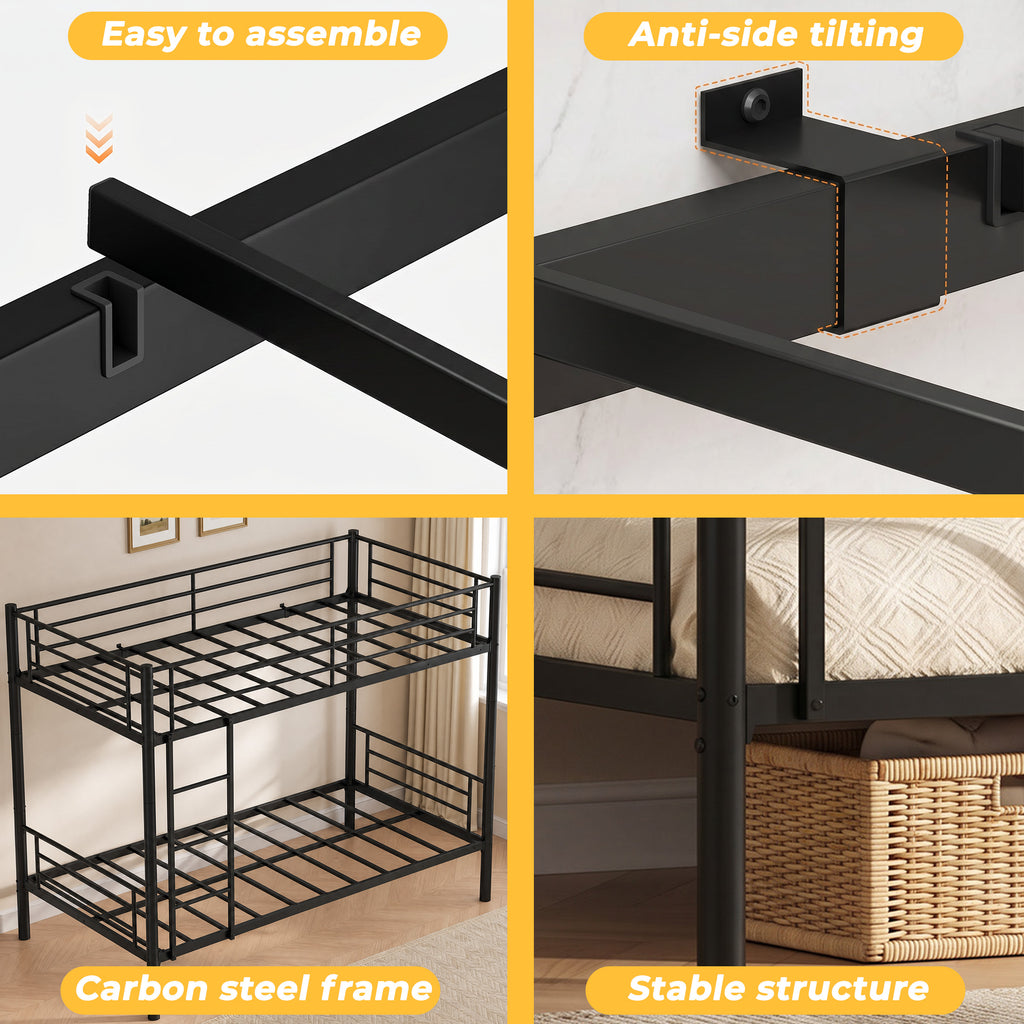 Kdymod Twin over Twin Metal Bunk Bed Converts to 2 Separate Beds, Space-Saving Bunk Bed Frame with Storage,Twin Bunk Bed with Built-in Ladder & Safety Guardrail, Black