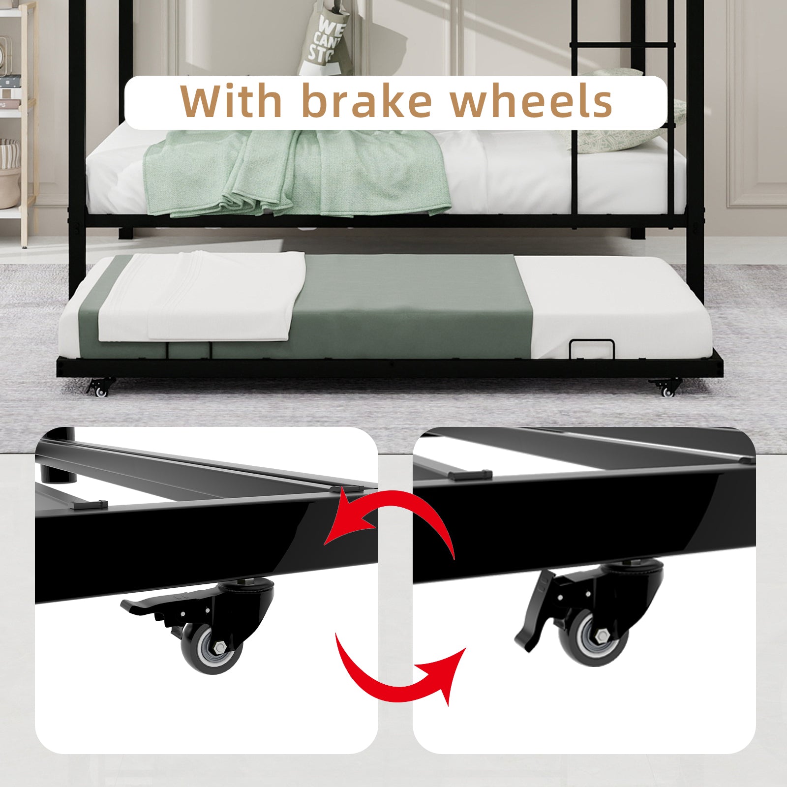 Kdymod Full over Full Bunk Bed with Twin Trundle, Triple Bunk Bed with Ladder & Safety Guardrail, Space-Saving 3-Bed Bunk Bed Frame for Teens and Adults, Includes 3 6" Memory Foam Mattresses, Black