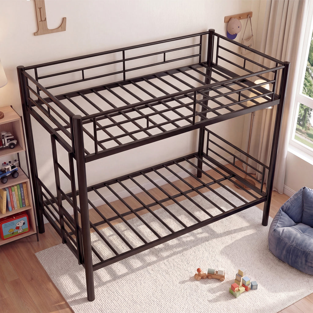 Kdymod Twin over Twin Metal Bunk Bed Converts to 2 Separate Beds, Space-Saving Bunk Bed Frame with Storage,Twin Bunk Bed with Built-in Ladder & Safety Guardrail, Black