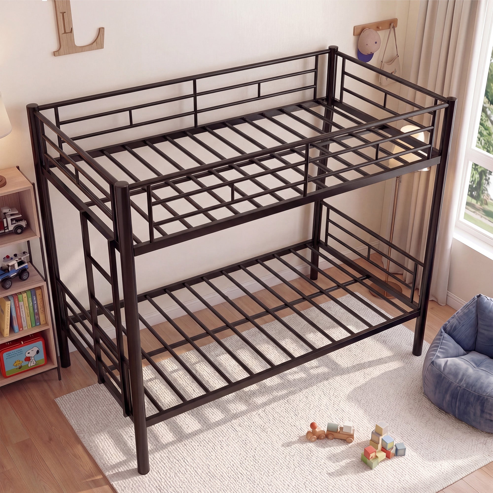 Kdymod Twin over Twin Metal Bunk Bed Converts to 2 Separate Beds, Space-Saving Bunk Bed Frame with Storage,Twin Bunk Bed with Built-in Ladder & Safety Guardrail, Black