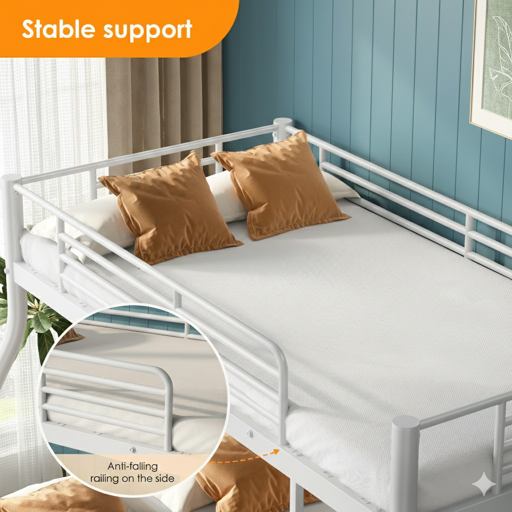 Kdymod Bunk Bed Twin over Full Bunk Beds with Ladder,Heavy Duty Metal Bunk Bed Frame with Wall Fastener Screws,Twin Full Size Bed Bunk Bed with Full-Length Guardrail for Adults,White