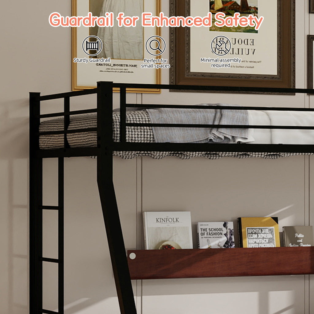 Kdymod Twin-XL over Queen Bunk Bed with Twin Trundle, Triple Bunk Bed with Ladder & Safety Guardrail, Bed Frame for Teens and Adults, Includes 3 6" Memory Foam Mattresses, Black