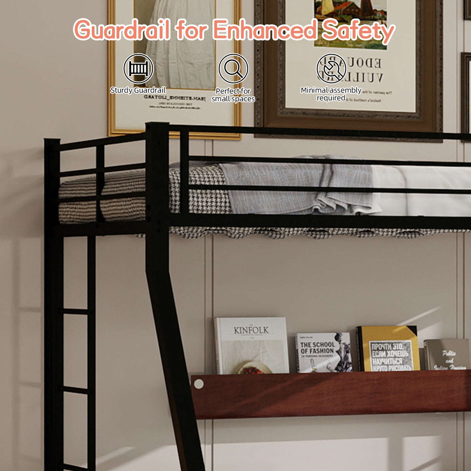 Kdymod Twin-XL over Queen Bunk Bed with Twin Trundle, Triple Bunk Bed with Ladder & Safety Guardrail, Bed Frame for Teens and Adults, Includes 3 6" Memory Foam Mattresses, Black