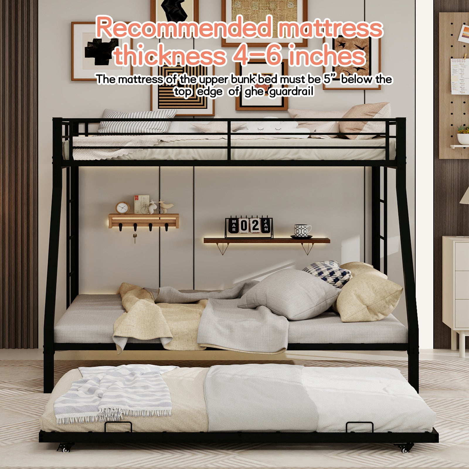 Kdymod c Full Over Full ,Triple Full Bunk Bed with Ladder & Guardrail,Easy Assembly Metal Convertible Triple Bunk Bed Frame for Teen & Adult,Bedroom,Black(No Mattress)