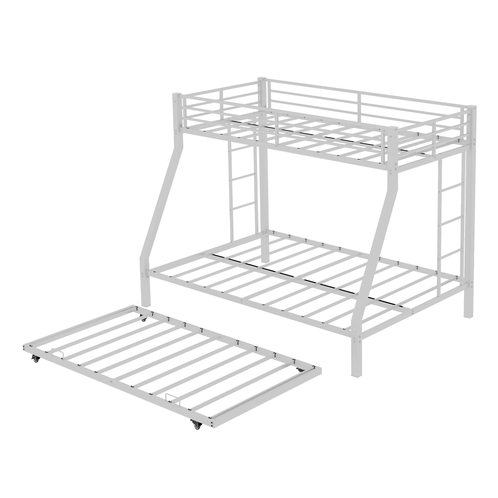 Kdymod Twin-XL over Queen Bunk Bed with Twin Trundle, Triple Bunk Bed with Ladder & Safety Guardrail, Space-Saving 3-Bed Bunk Bed Frame for Teens and Adults, No Box Spring Needed, White