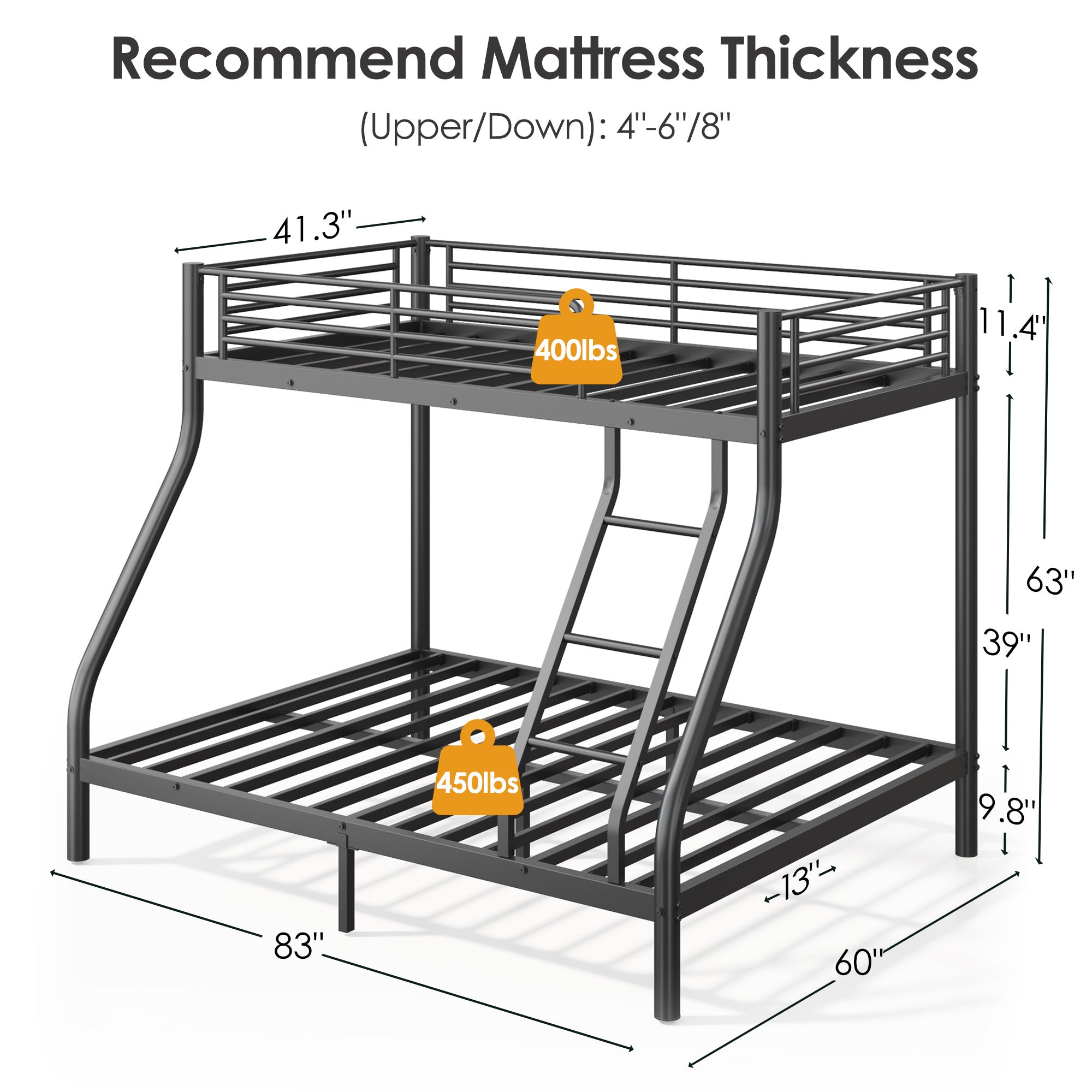 Netrum Twin over Full Bunk Bed for Teens Adults,Heavy Duty Metal Bunk Beds Frame with Ladder,Twin Full Size Bed Bunk Bed with Safe Guardrail for Small Rome,Black
