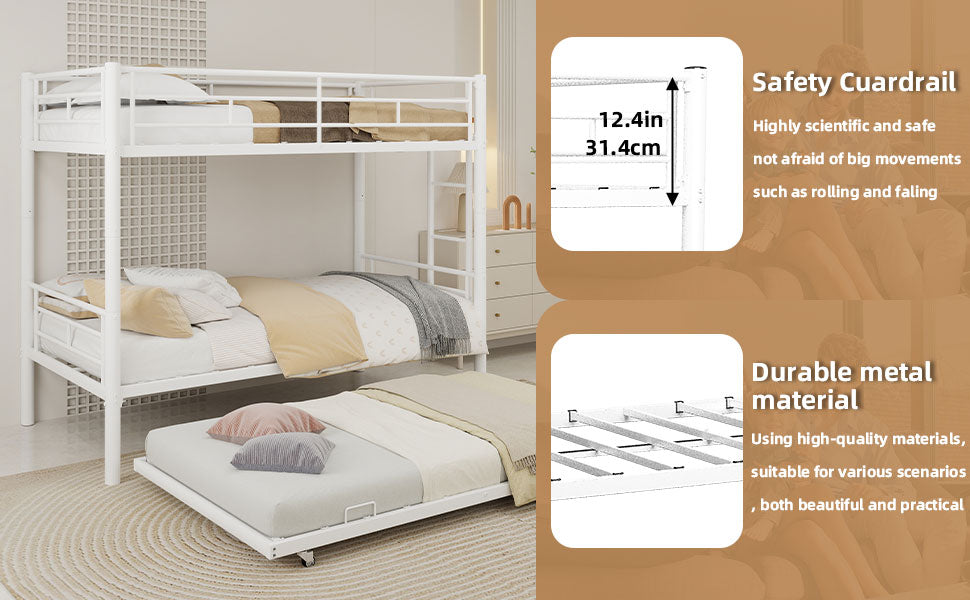 Uiowio Triple Bunk Bed Twin over Twin with Trundle,Triple Twin Bunk Bed with Ladder & Guardrail,Metal Convertible Triple Bunk Bed Frame for Teen & Adult,Bedroom,Dorm,White (Mattress not included)