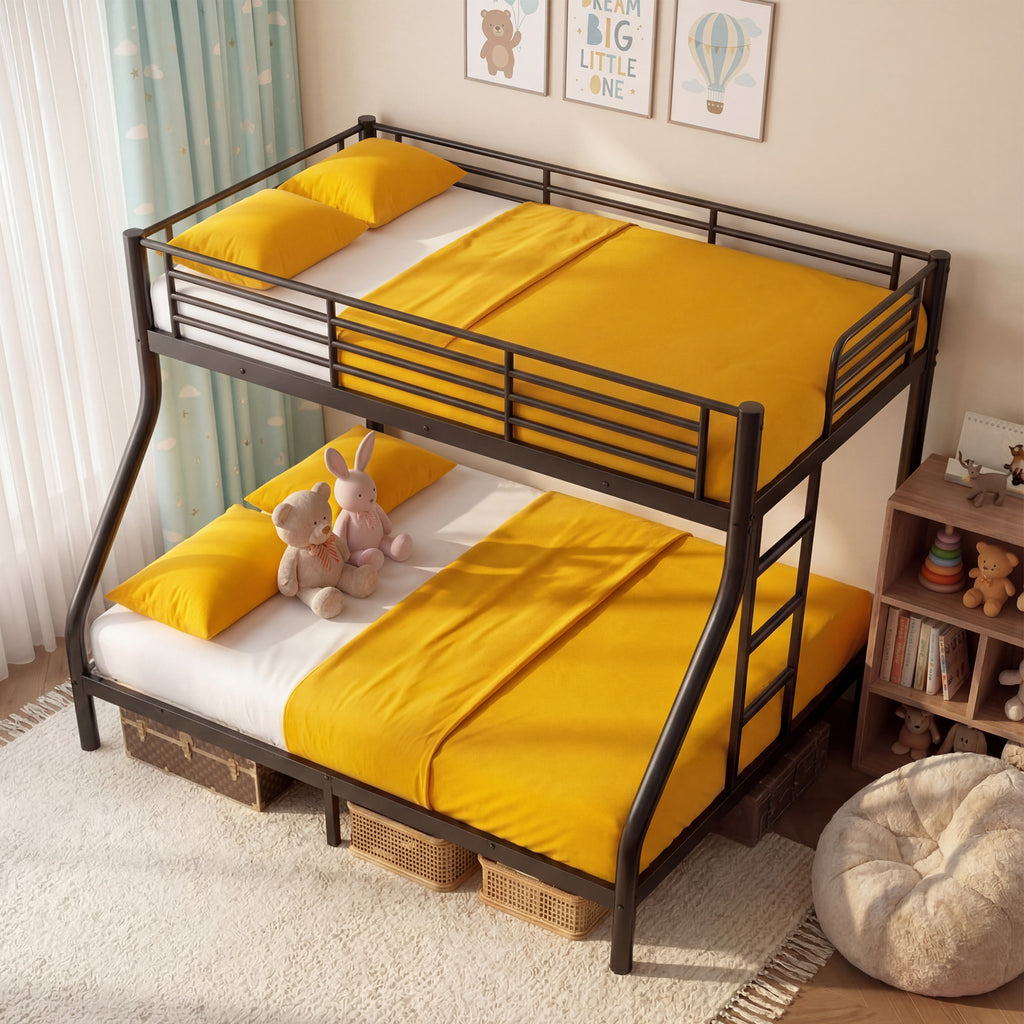 Netrum Twin XL over Queen Bunk Bed for Adults,Heavy Duty Metal Bunk Beds Frame with Wall Fastener Screws,Ladder & Full-Length Guardrail,Black