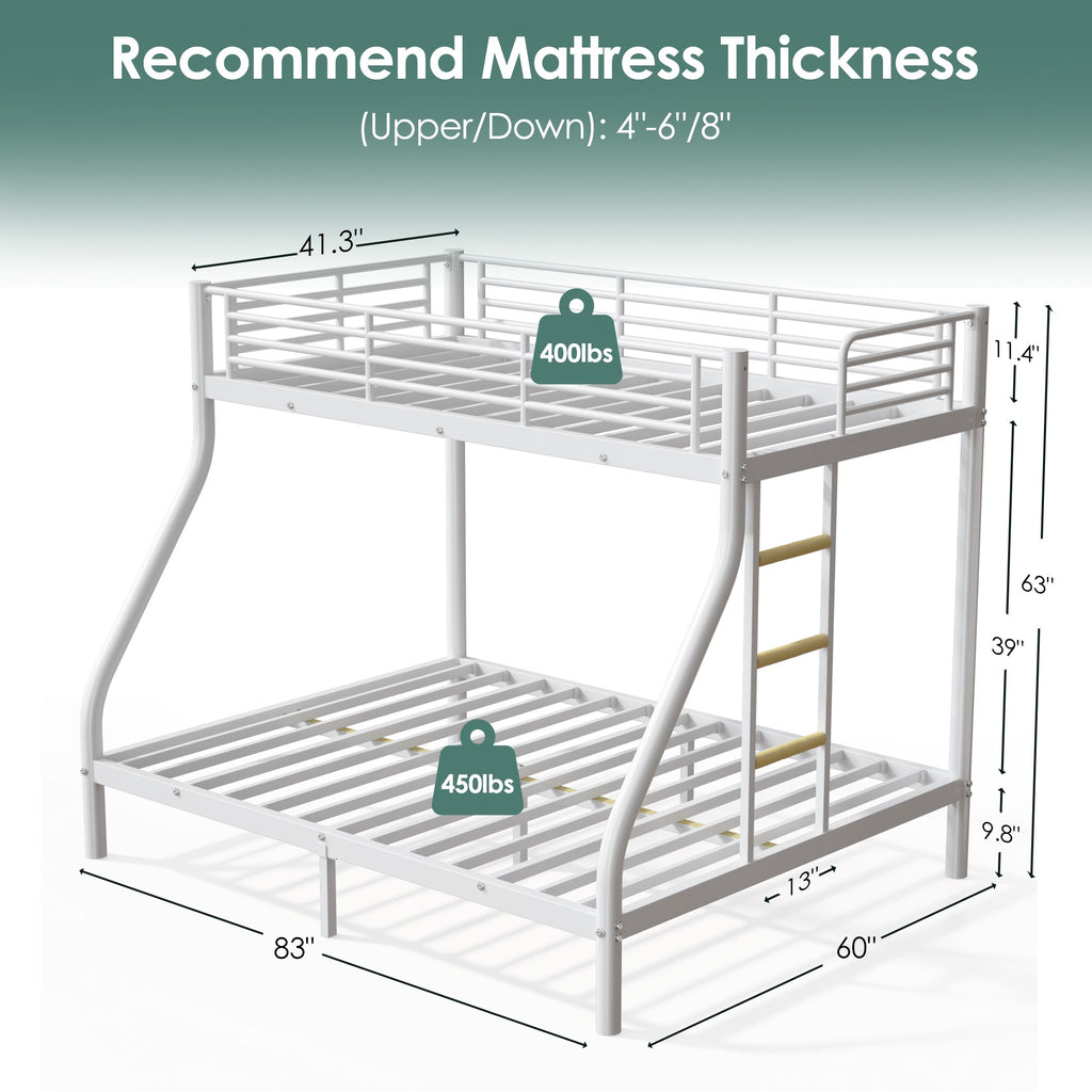 Netrum Twin XL over Queen Bunk Bed for Adults,Heavy Duty Metal Bunk Beds Frame with Wall Fastener Screws,Ladder & Full-Length Guardrail,White