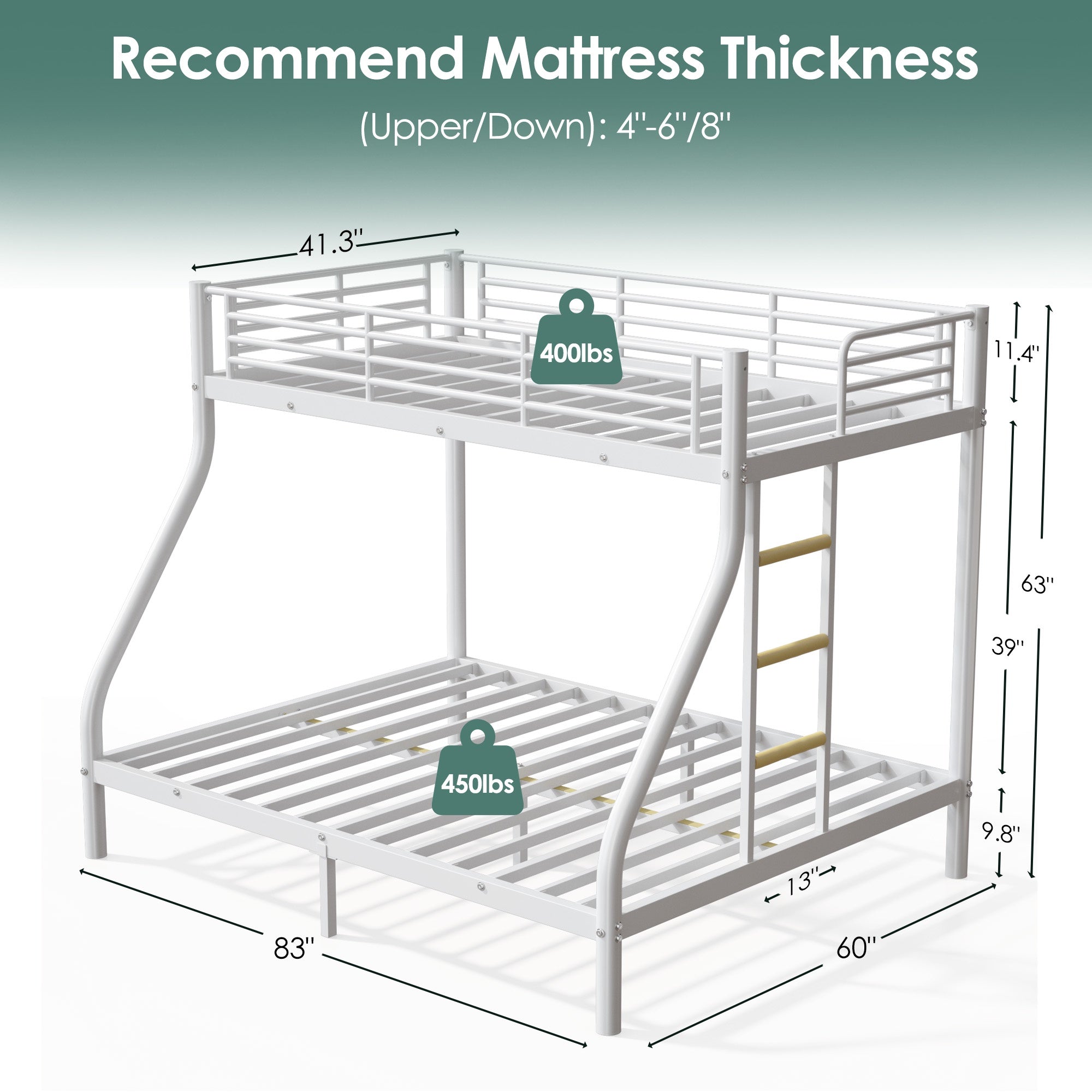 Netrum Twin XL over Queen Bunk Bed for Adults,Heavy Duty Metal Bunk Beds Frame with Wall Fastener Screws,Ladder & Full-Length Guardrail,White