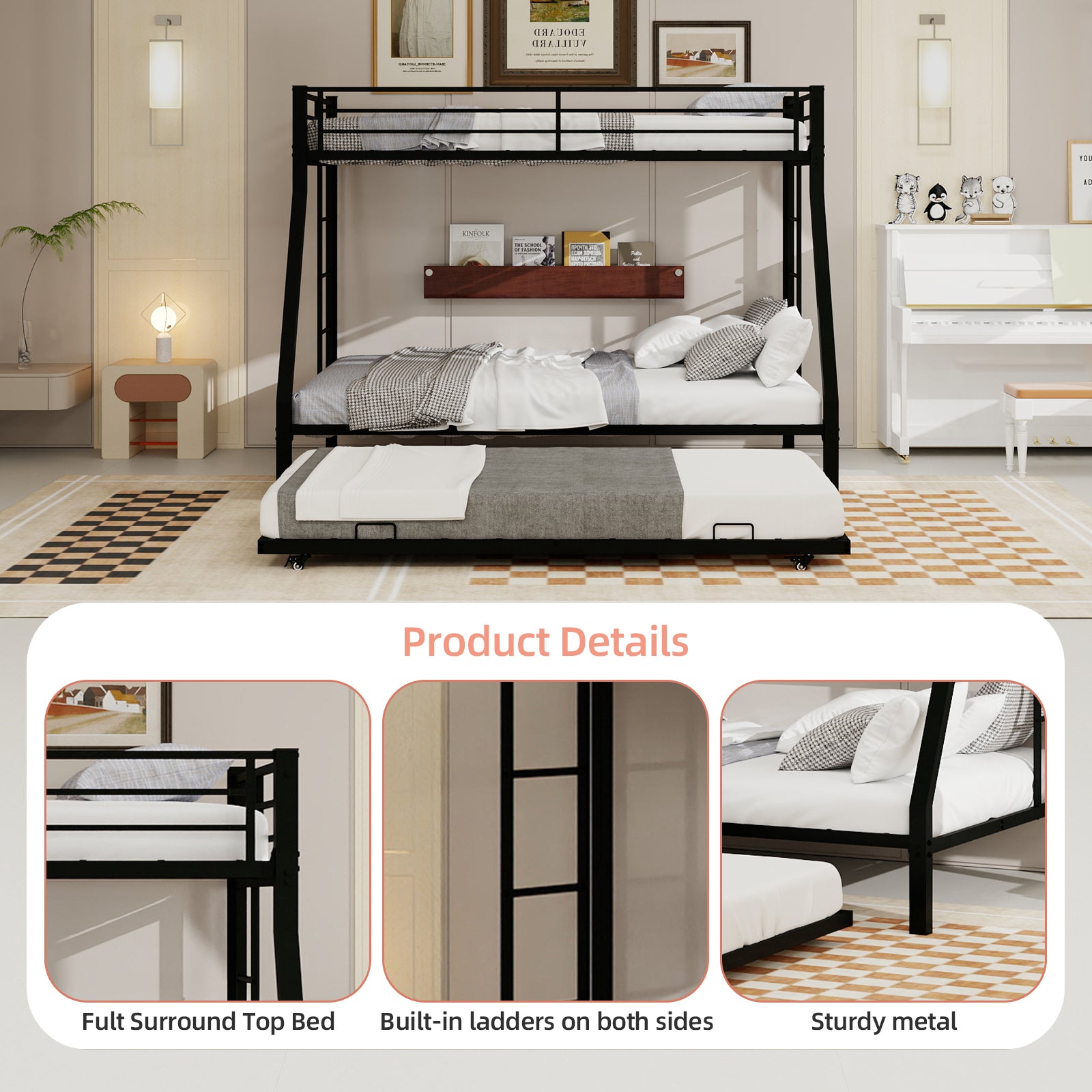Kdymod Twin-XL over Queen Bunk Bed with Twin Trundle, Triple Bunk Bed with Ladder & Safety Guardrail, Bed Frame for Teens and Adults, Includes 3 6" Memory Foam Mattresses, Black