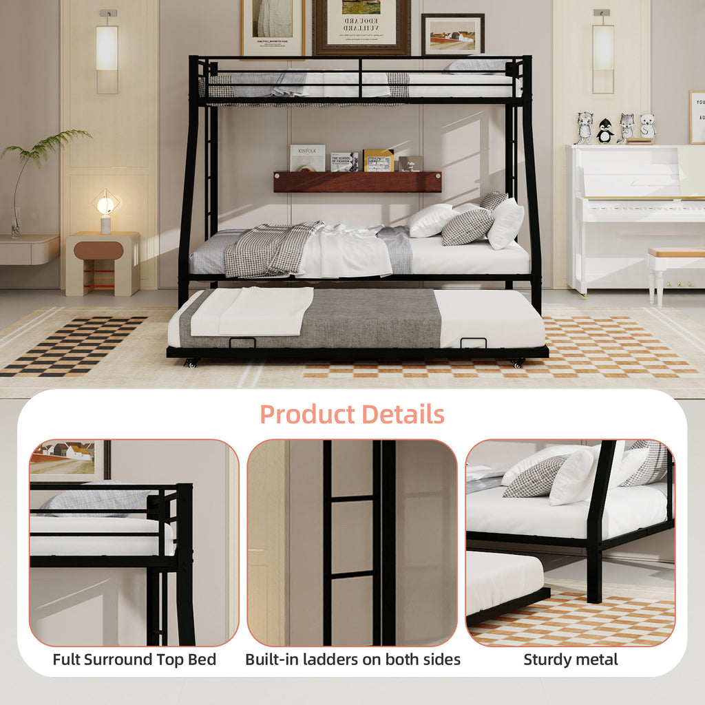 Kdymod Twin-XL over Queen Bunk Bed with Twin Trundle, Triple Bunk Bed with Ladder & Safety Guardrail, Space-Saving 3-Bed Bunk Bed Frame for Teens and Adults, No Box Spring Needed, Black