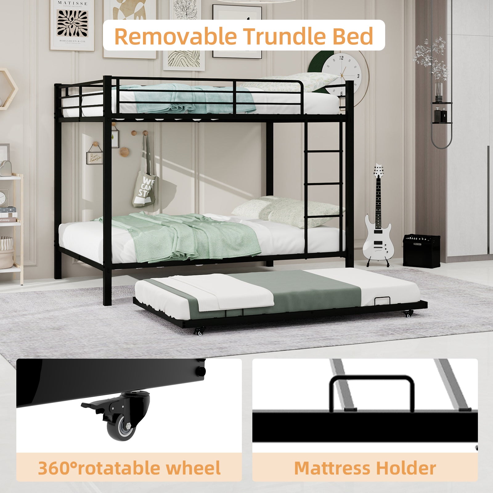 Kdymod Full over Full Bunk Bed with Twin Trundle, Triple Bunk Bed with Ladder & Safety Guardrail, Space-Saving 3-Bed Bunk Bed Frame for Teens and Adults, Includes 3 6" Memory Foam Mattresses, Black