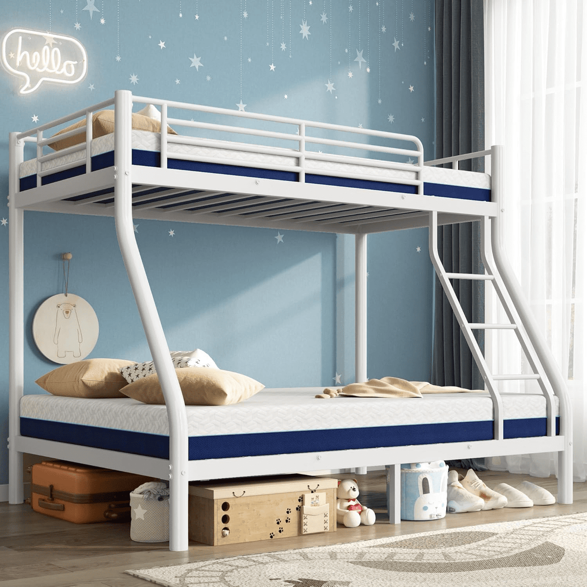 Kdymod Twin over Full Bunk Bed Set with 6" Mattresses Included,Twin Full Bunk Beds Frame with Memory Foam Mattresses,Heavy Duty Metal Bunk Bed with Guardrail & Ladder for Teen & Adults,White