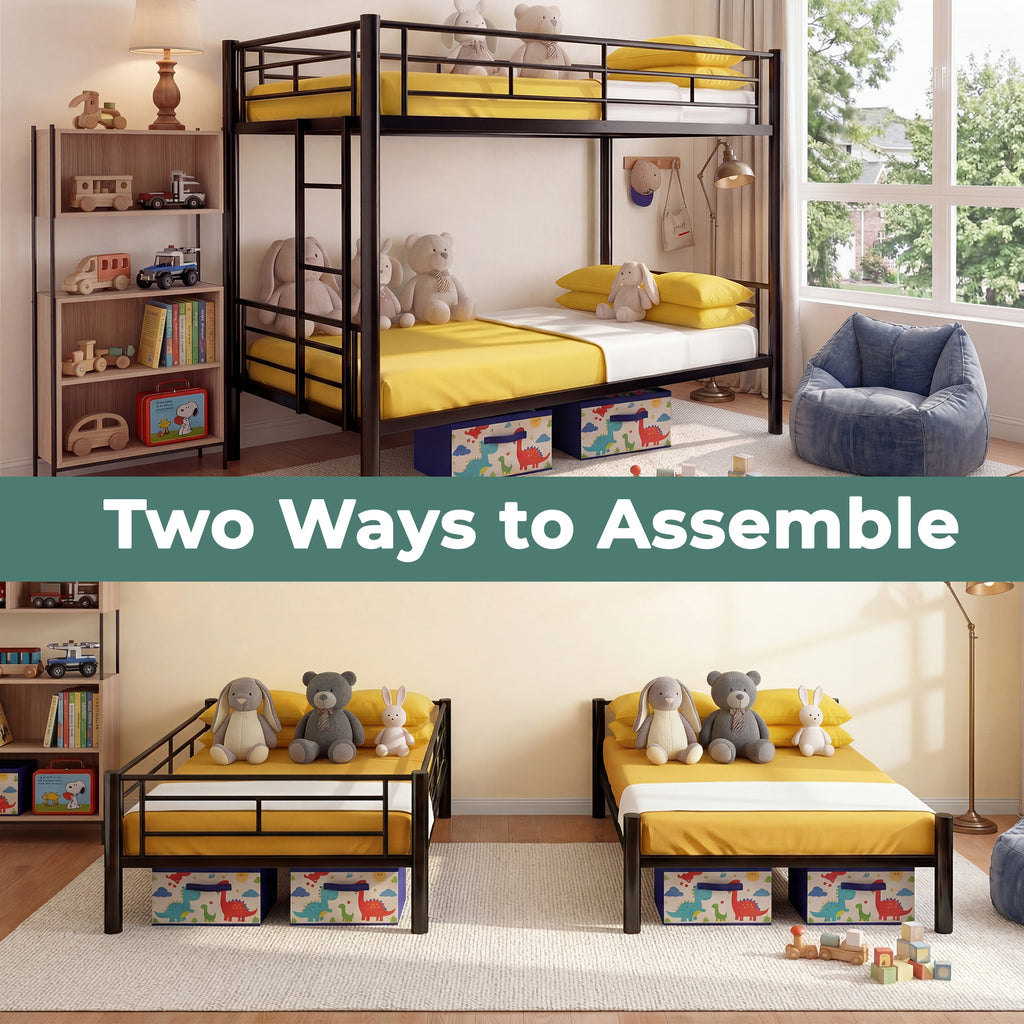 Kdymod Twin over Twin Metal Bunk Bed Converts to 2 Separate Beds, Space-Saving Bunk Bed Frame with Storage,Twin Bunk Bed with Built-in Ladder & Safety Guardrail, Black